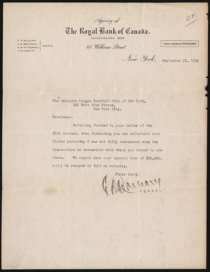The Babe Ruth Sale Archive - 1920 Letter to New York Yankees from The Royal Bank of Canada Relating to The Sale of Babe Ruth (ex-Barry Halper Collection)