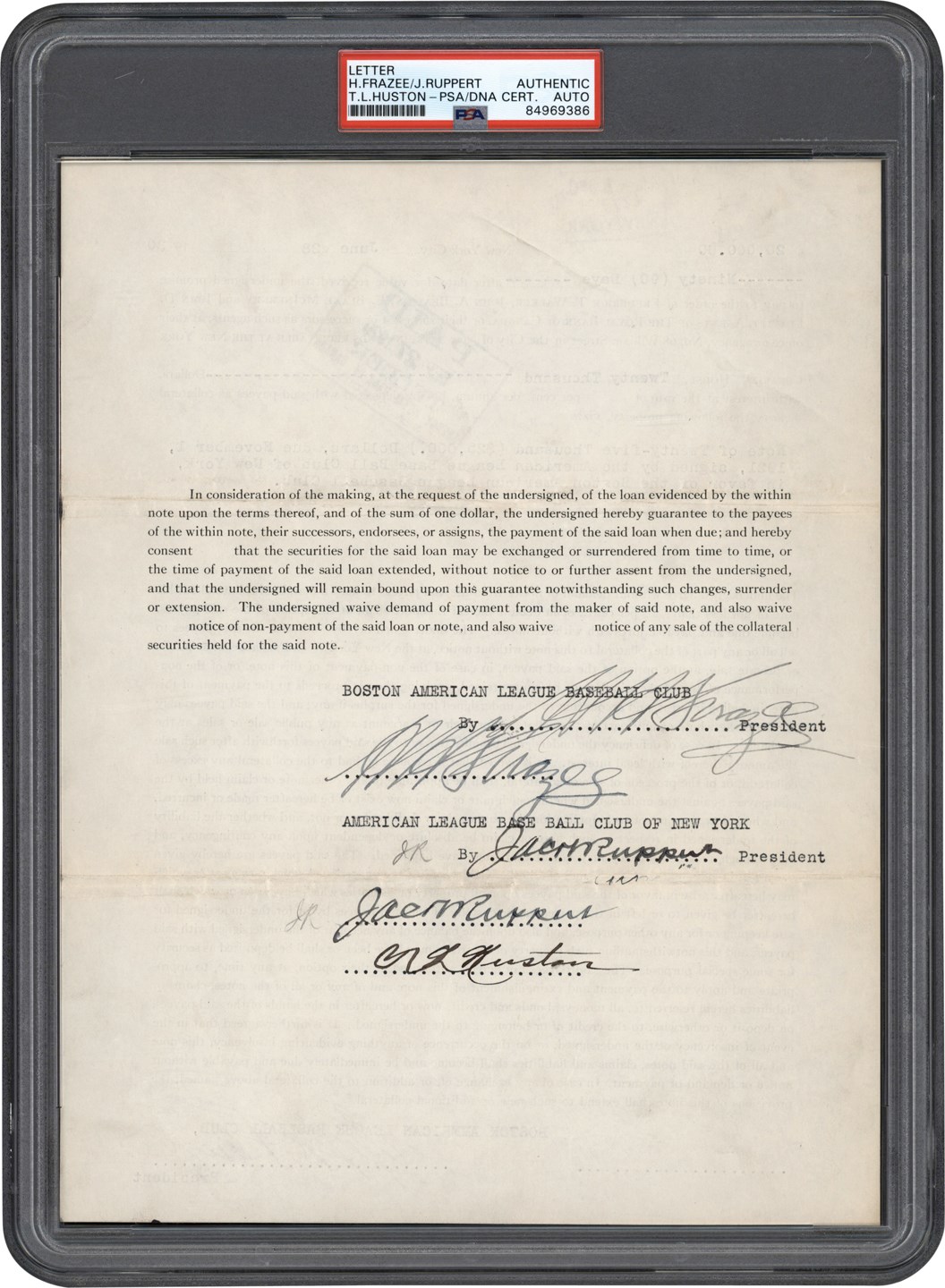 - 1920 Harry Frazee Promissory Note Directly Relating to the Sale of Babe Ruth with Related Correspondence (ex-Barry Halper Collection)