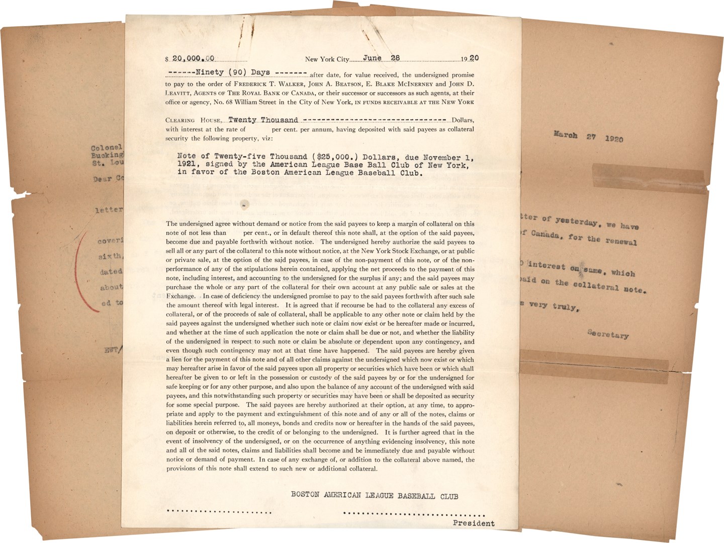 - Documents Pertaining to The Sale of Babe Ruth with Unexecuted 1920 Promissory Note (ex-Barry Halper Collection)