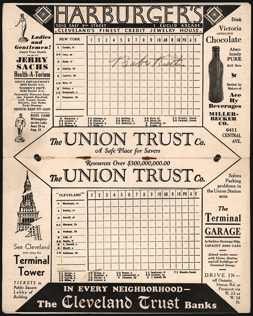 Ruth and Gehrig - 930 Babe Ruth Signed Cleveland Indians Scorecard (PSA)