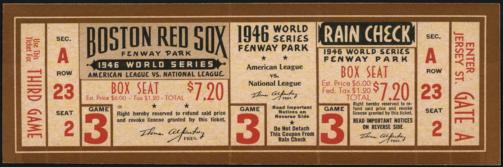 - 1946 Boston Red Sox World Series Game 3 Full Proof Ticket