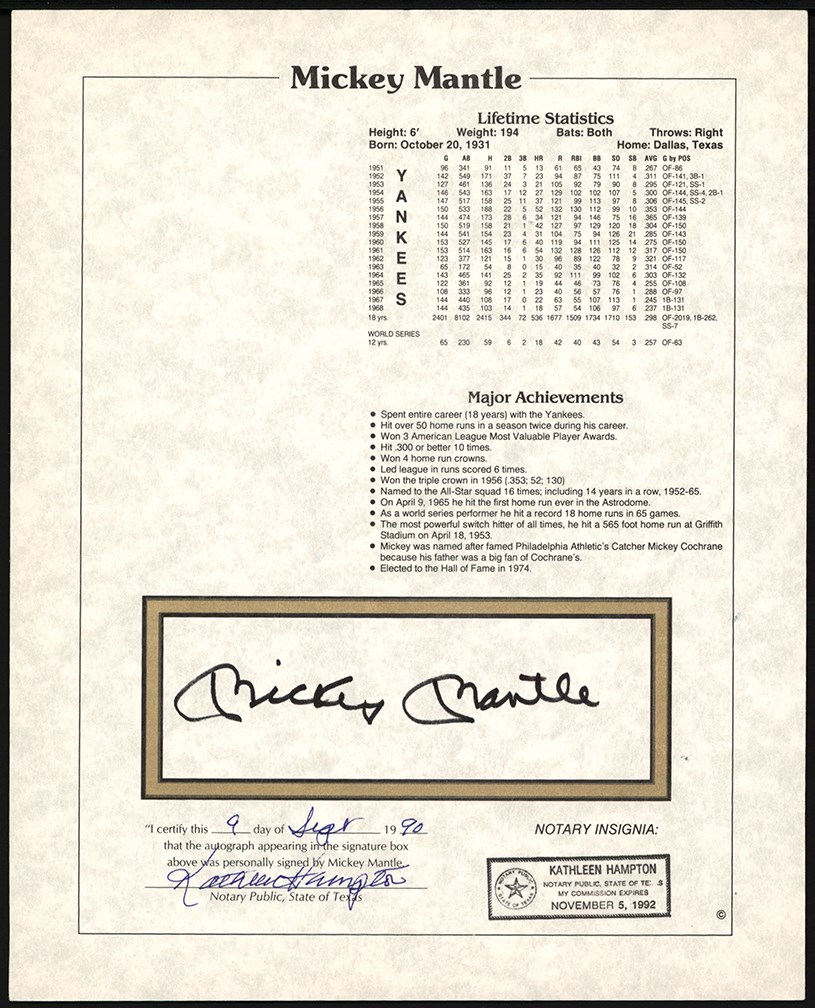 - Signed Mickey Mantle Notarized Stat Sheets (10)