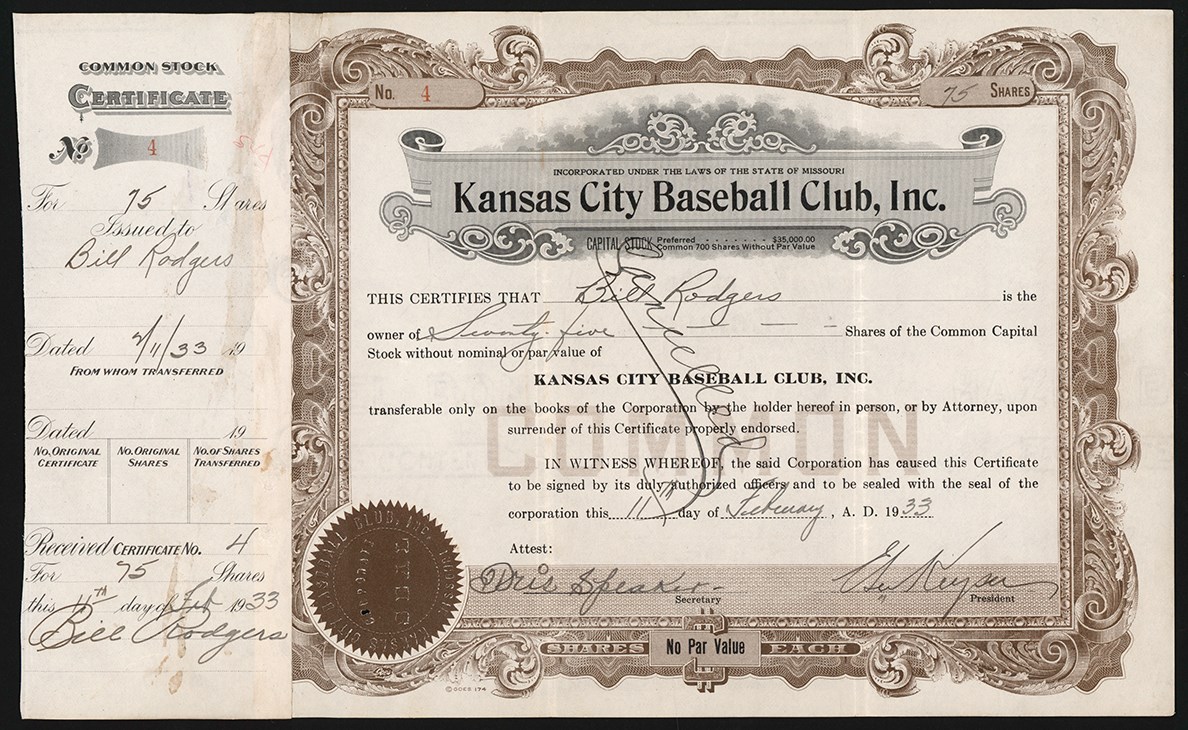 Baseball Autographs - 1933 Kansas City Baseball Stock Certificate Signed by Tris Speaker (JSA)