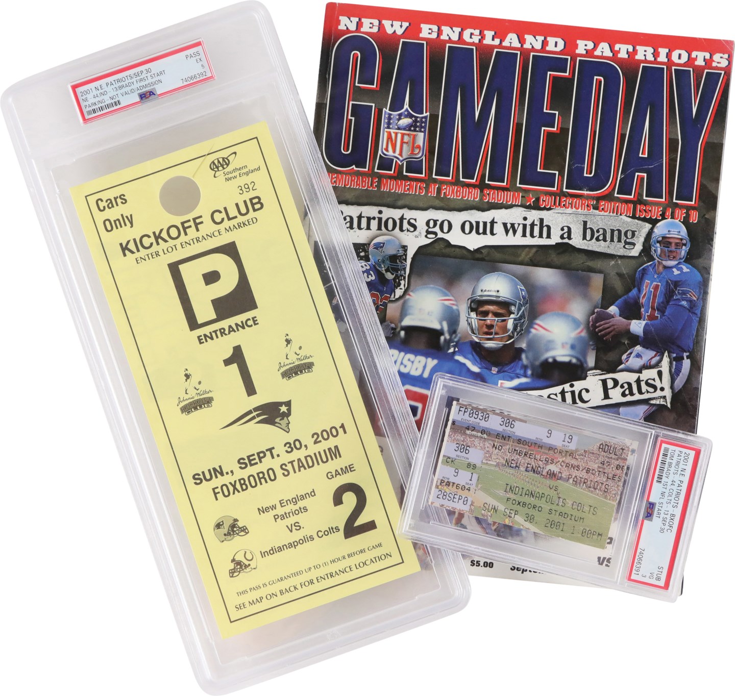 Football - 9/30/01 Tom Brady First Career Start Ticket Stub, Program, and Parking Pass (PSA)