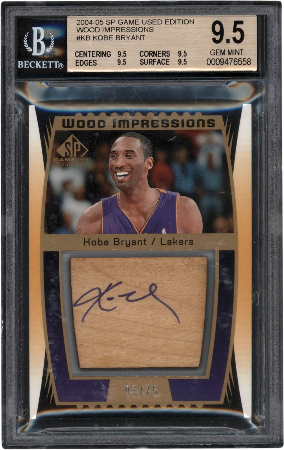 - 2004-2005 SP Game Used Basketball Wood Impressions #KB Kobe Bryant Autograph Floor #7/75 BGS GEM MINT 9.5 Auto 10 (True Gem)