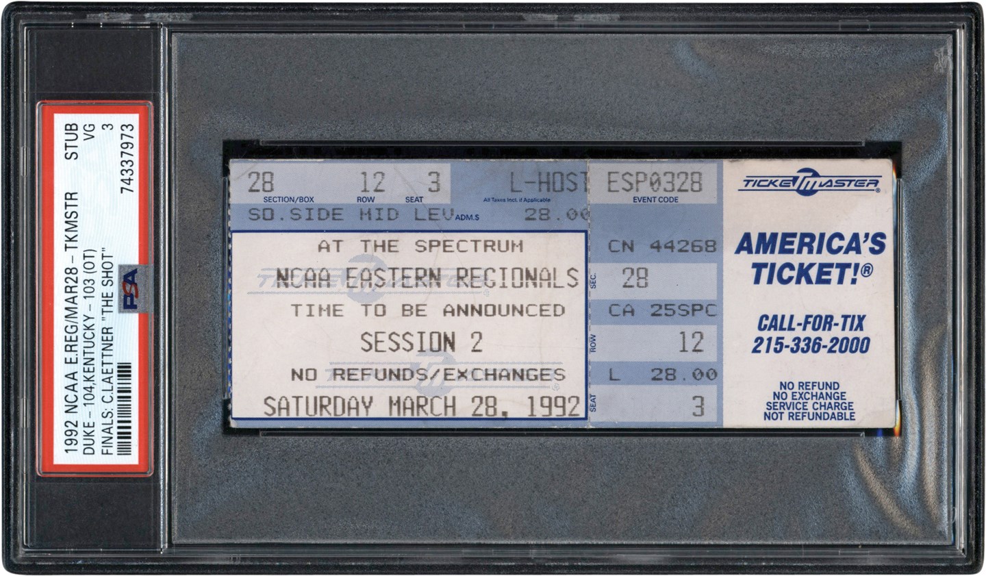 - 1992 Christian Laettner NCAA Championship "The Shot" Ticket PSA VG 3 (Pop 2 - Three Higher)