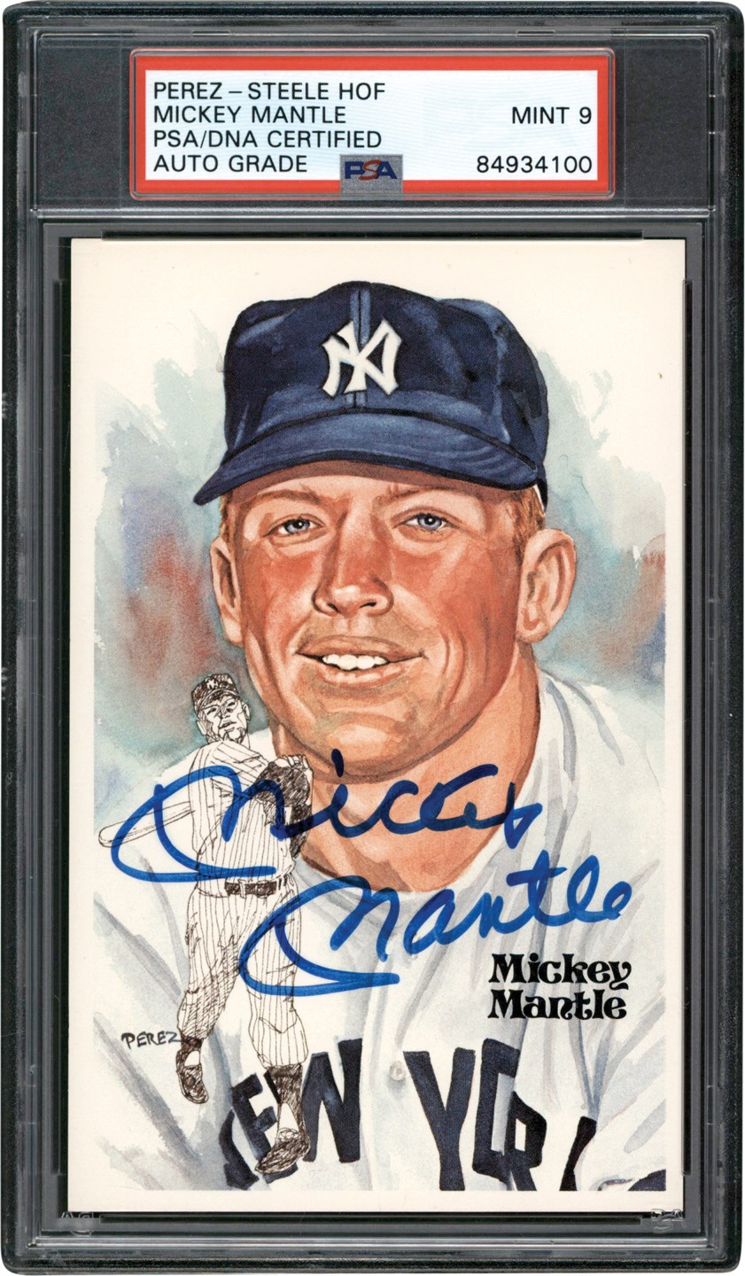 Baseball Autographs - Mickey Mantle Signed Perez Steele HOF Postcard (PSA)