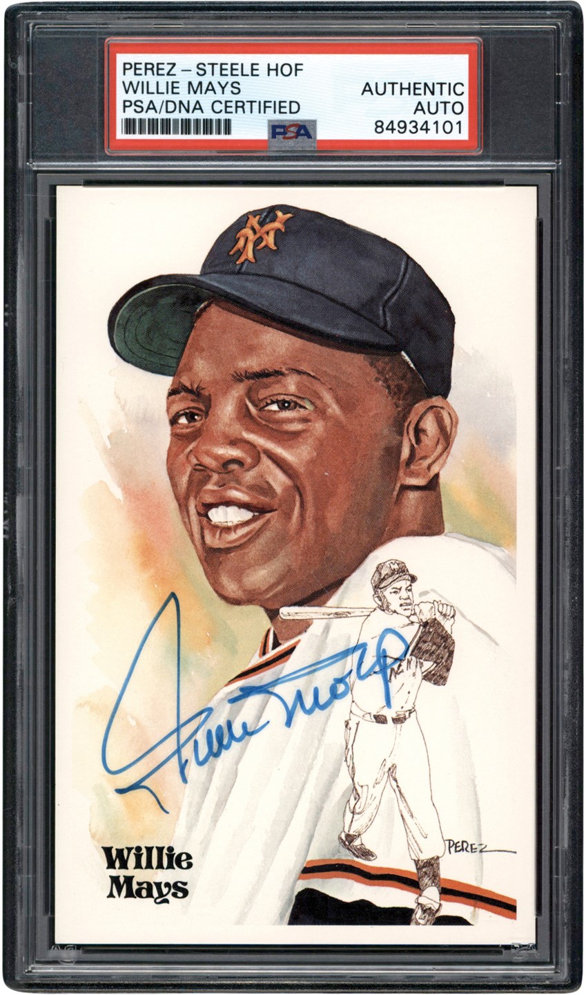Baseball Autographs - Willie Mays Signed Perez Steele HOF Postcard (PSA)
