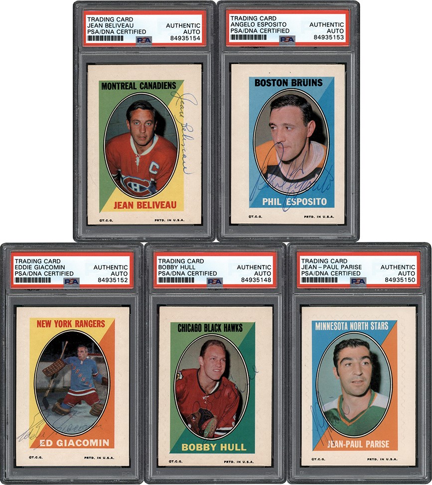 Hockey Cards - Signed 1970-1971 Topps & OPC Hockey Sticker Stamp Super Star Collection w/Bobby Hull (5) All PSA