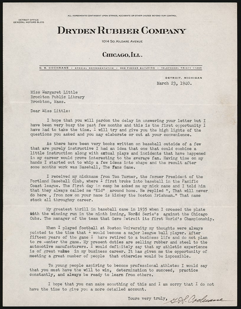 - 1940 Mickey Cochrane Signed Letter (PSA)