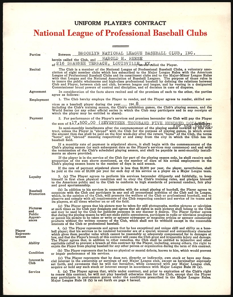 - 1948 Pee Wee Reese Signed Brooklyn Dodgers Contract w/Original Cover Letter (PSA)
