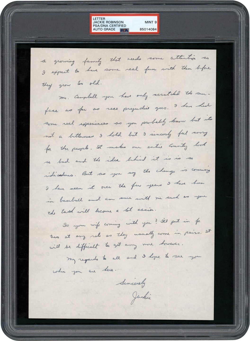 - Circa 1956 Jackie Robinson Handwritten Letter with Racial Content - "It's Not a Bitterness I Hold but I Sincerely Feel Sorry for the People" (Who are Racially Prejudiced) (PSA MINT 9)