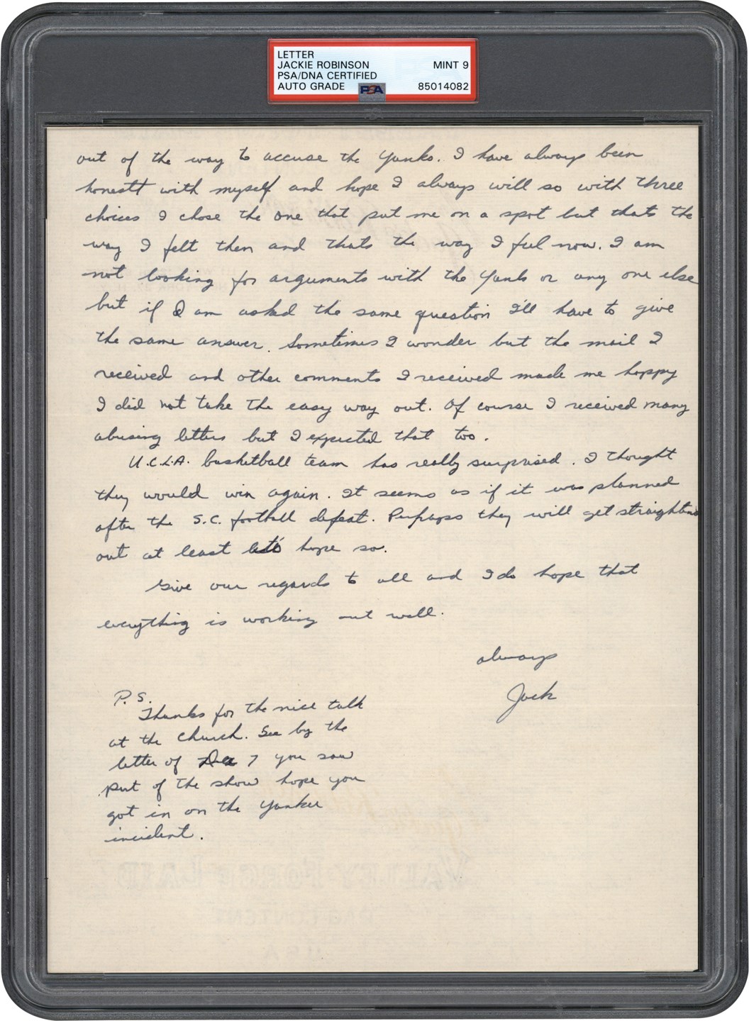 - 1953 Jackie Robinson Handwritten Letter in Which He Defends His Recent Comment Describing the New York Yankees Management as "Prejudice (sic)" (PSA MINT 9)