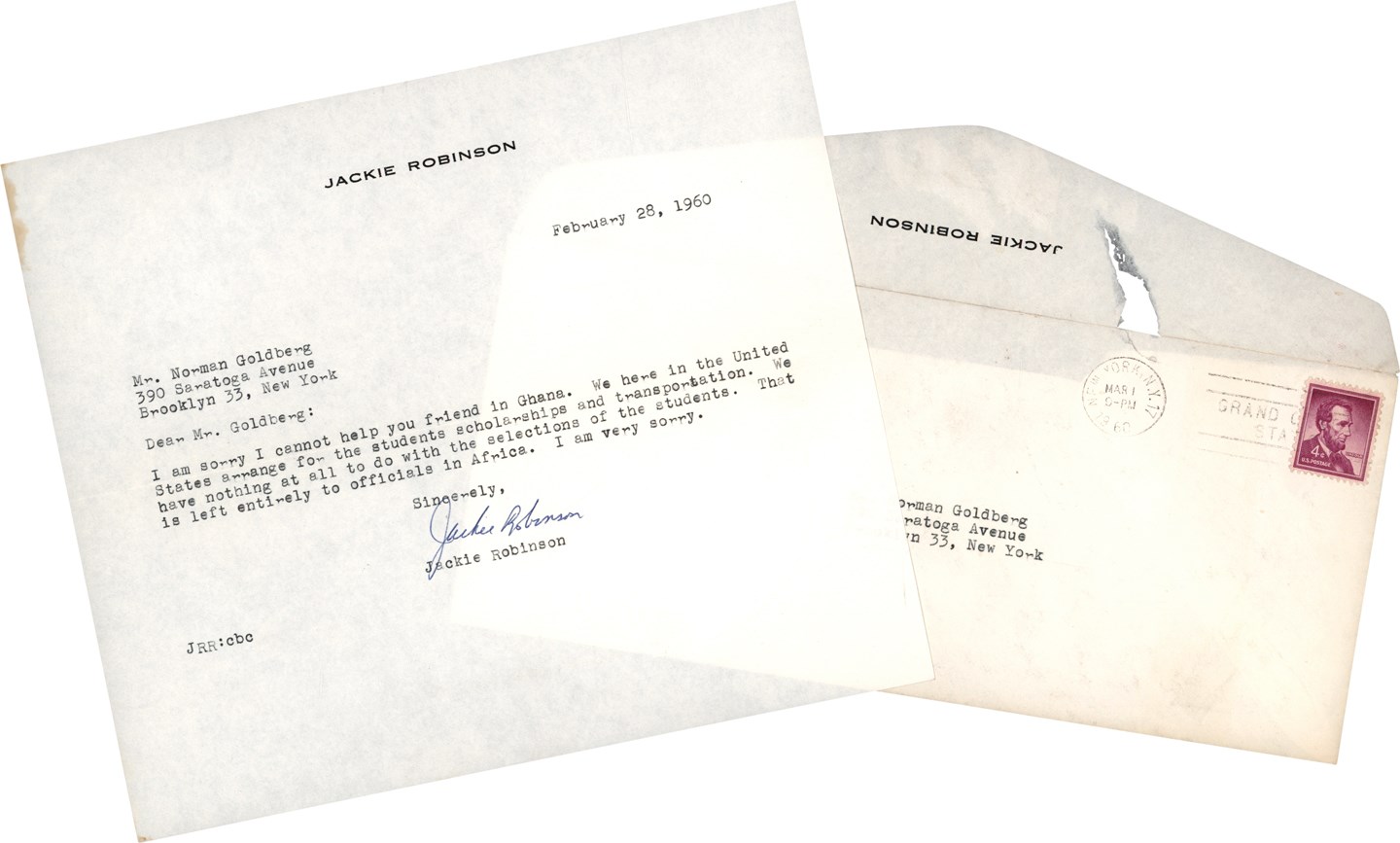 - 1960 Jackie Robinson Signed Letter (JSA)