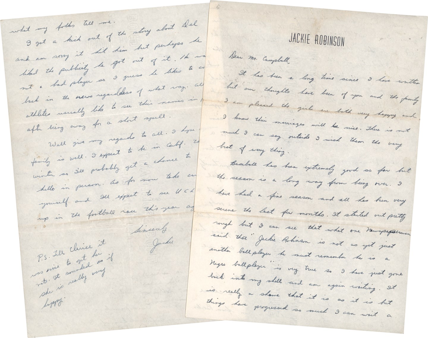 - Circa 1951 Jackie Robinson Handwritten Letter - "Jackie Robinson is Not as Yet Just Another Ballplayer, He Must Remember He is a Negro Ballplayer" (PSA)
