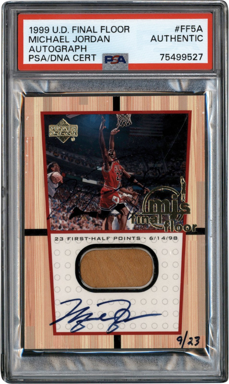 Basketball Cards - Only Known 1999-2000 Upper Deck MJ's Final Floor #FF5A Michael Jordan TWICE Signed Game Used Floor Autograph Card #9/23 PSA Authentic
