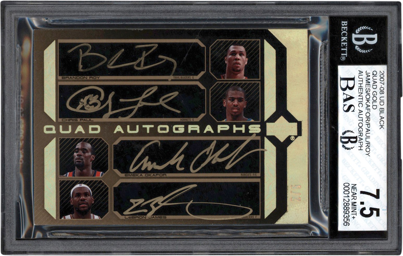 - 2007-2008 UD Black Basketball Quad Gold Autographs #QAU-JOPR LeBron James, Chris Paul, Brandon Roy, Emeka Okafor #2/5 BGS NM+ 7.5 Auto 9