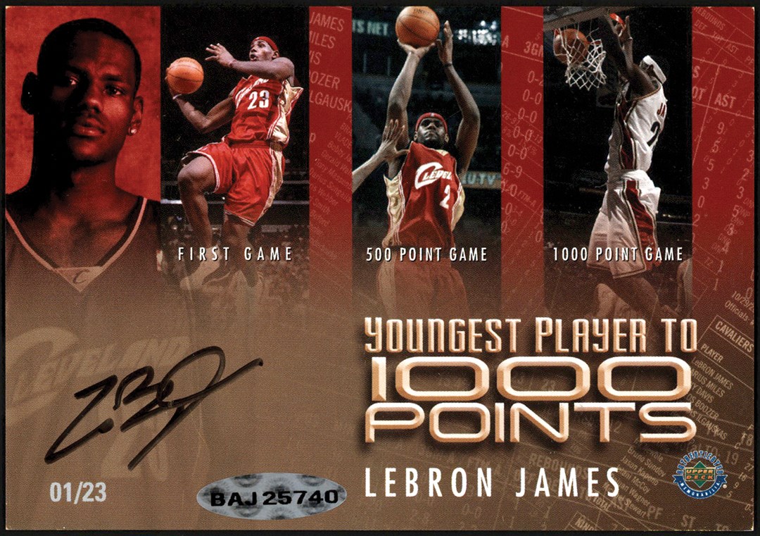 - 2004 LeBron James Signed Upper Deck Youngest Player to 1000 Points Card #01/23 (UDA)