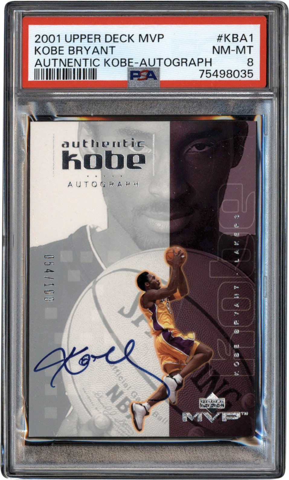 - 2001 Upper Deck MVP #KBA1 Kobe Bryant Autograph #54/100 PSA NM-MT 8