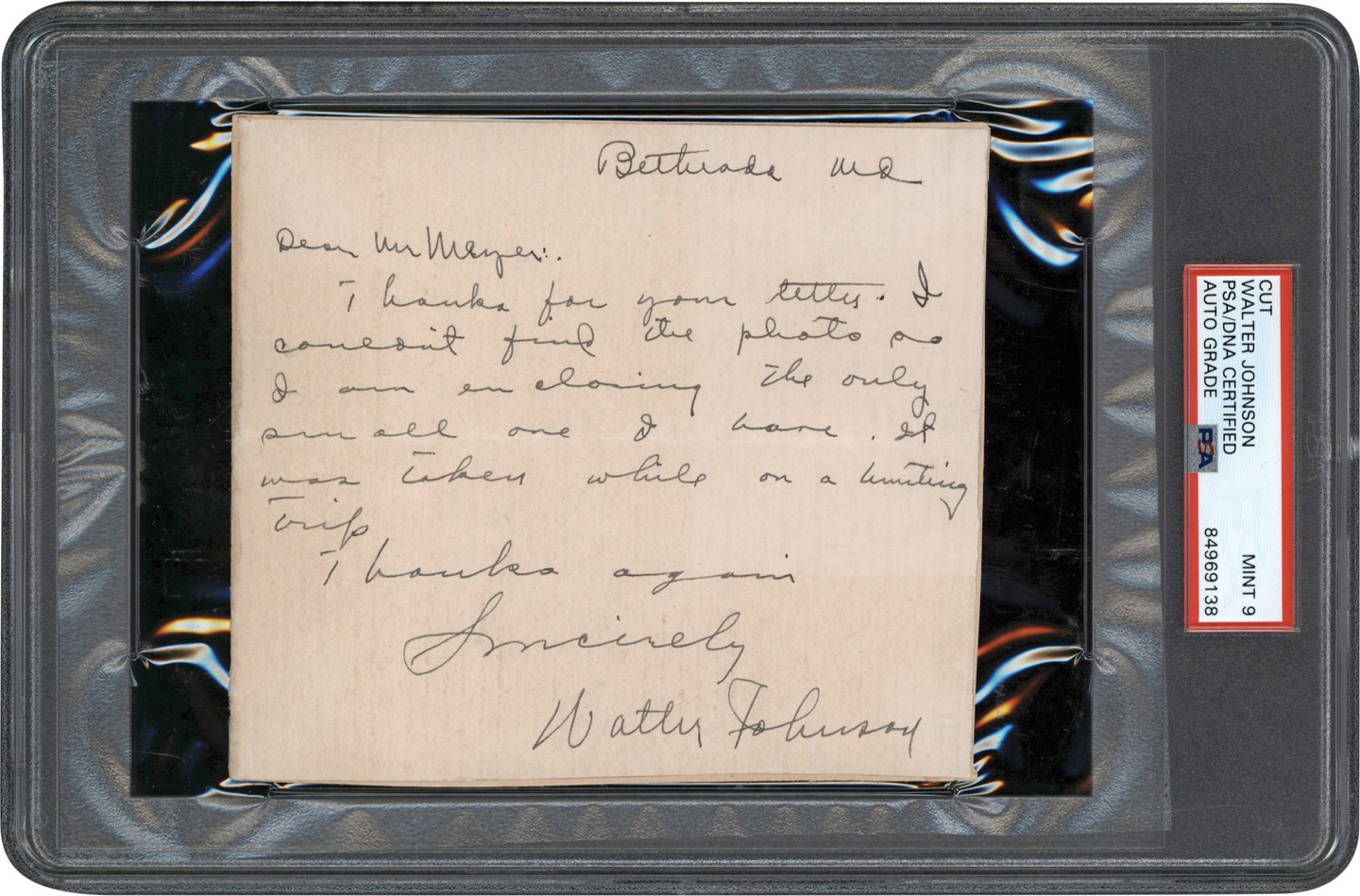 Baseball Autographs - Walter Johnson Signed Handwritten Letter (PSA MINT 9)