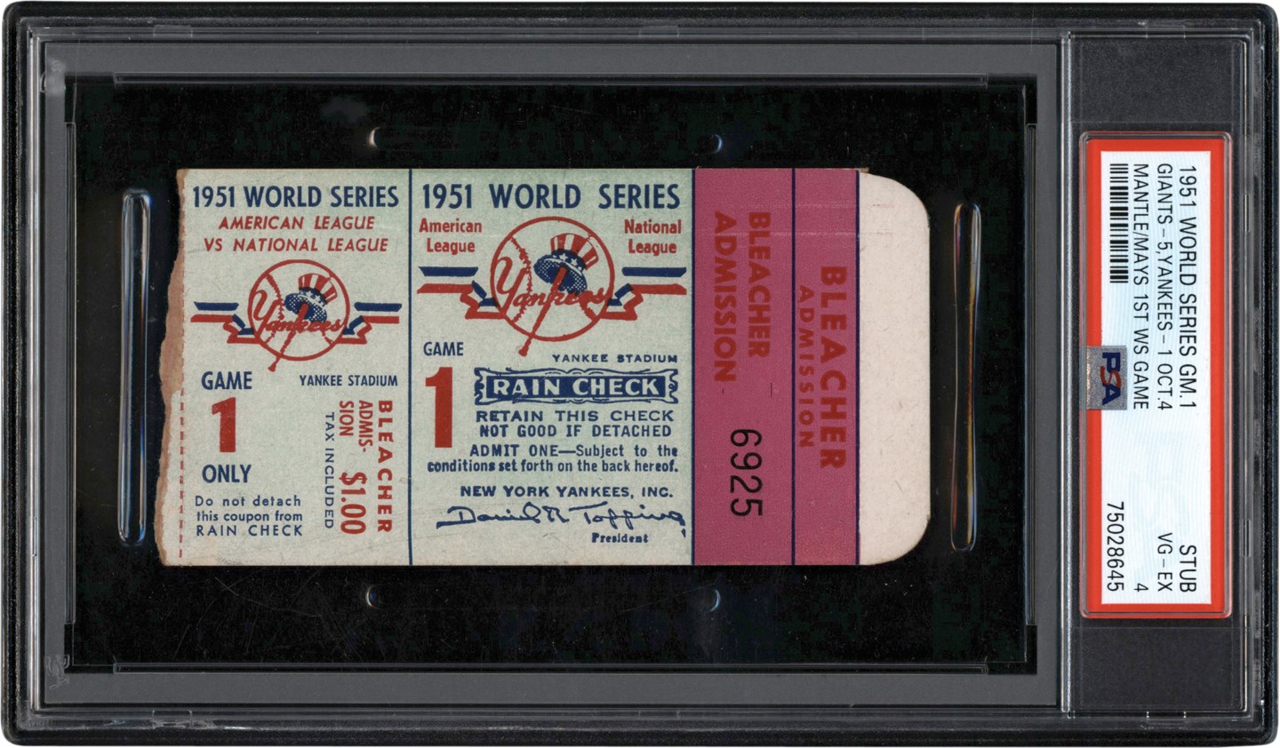 - 1951 Mickey Mantle and Willie Mays World Series Debut Ticket Stub PSA VG-EX 4 (Only Two Higher)