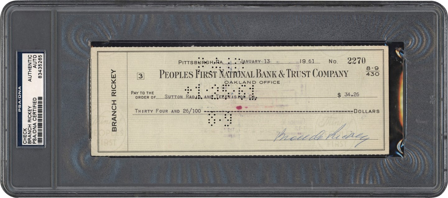 Baseball Autographs - 1961 Branch Rickey Signed Bank Check (PSA)