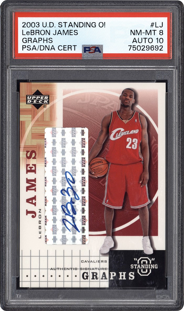 Basketball Cards - 003 Upper Deck Standing O Basketball Graphs #LJ LeBron James Rookie Autograph PSA NM-MT 8 Auto 10 (Pop 1 - Two Higher)