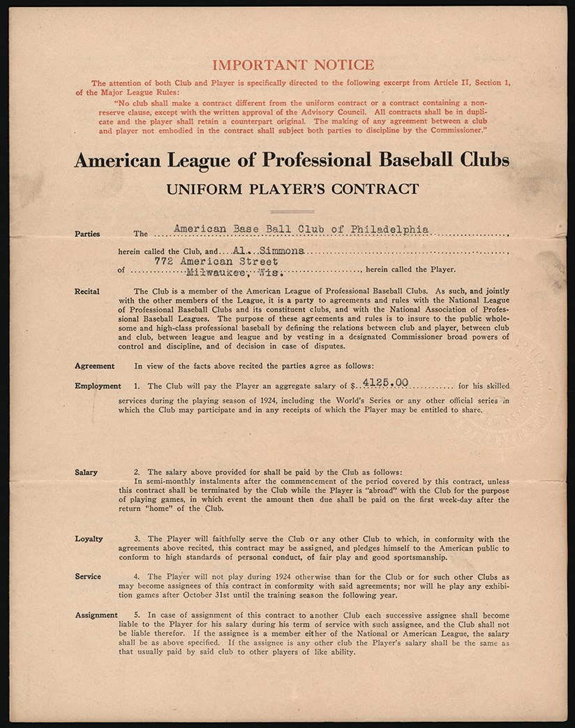 - 1924 Al Simmons Philadelphia Athletics Signed Rookie Contract