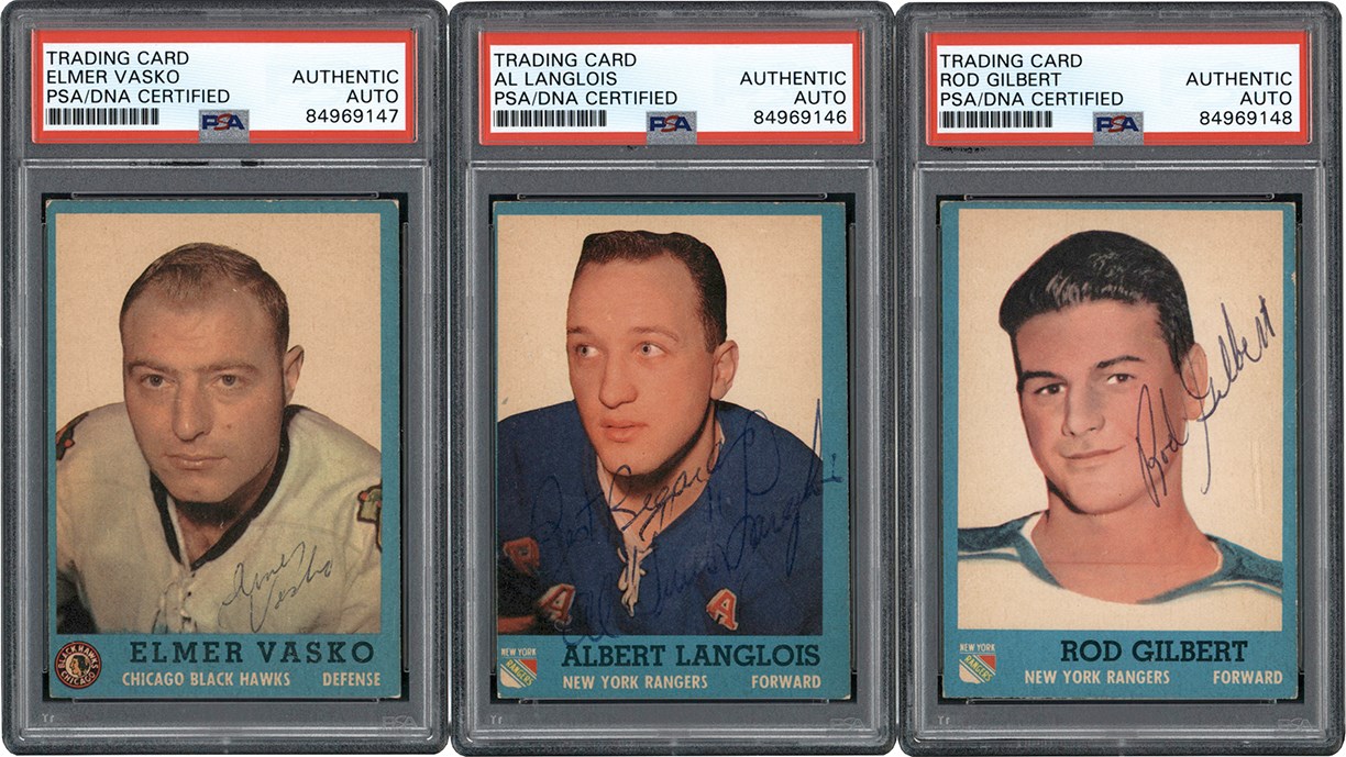 - 1962-1963 Topps Hockey Signed Card Trio w/Rod Gilbert (All PSA)