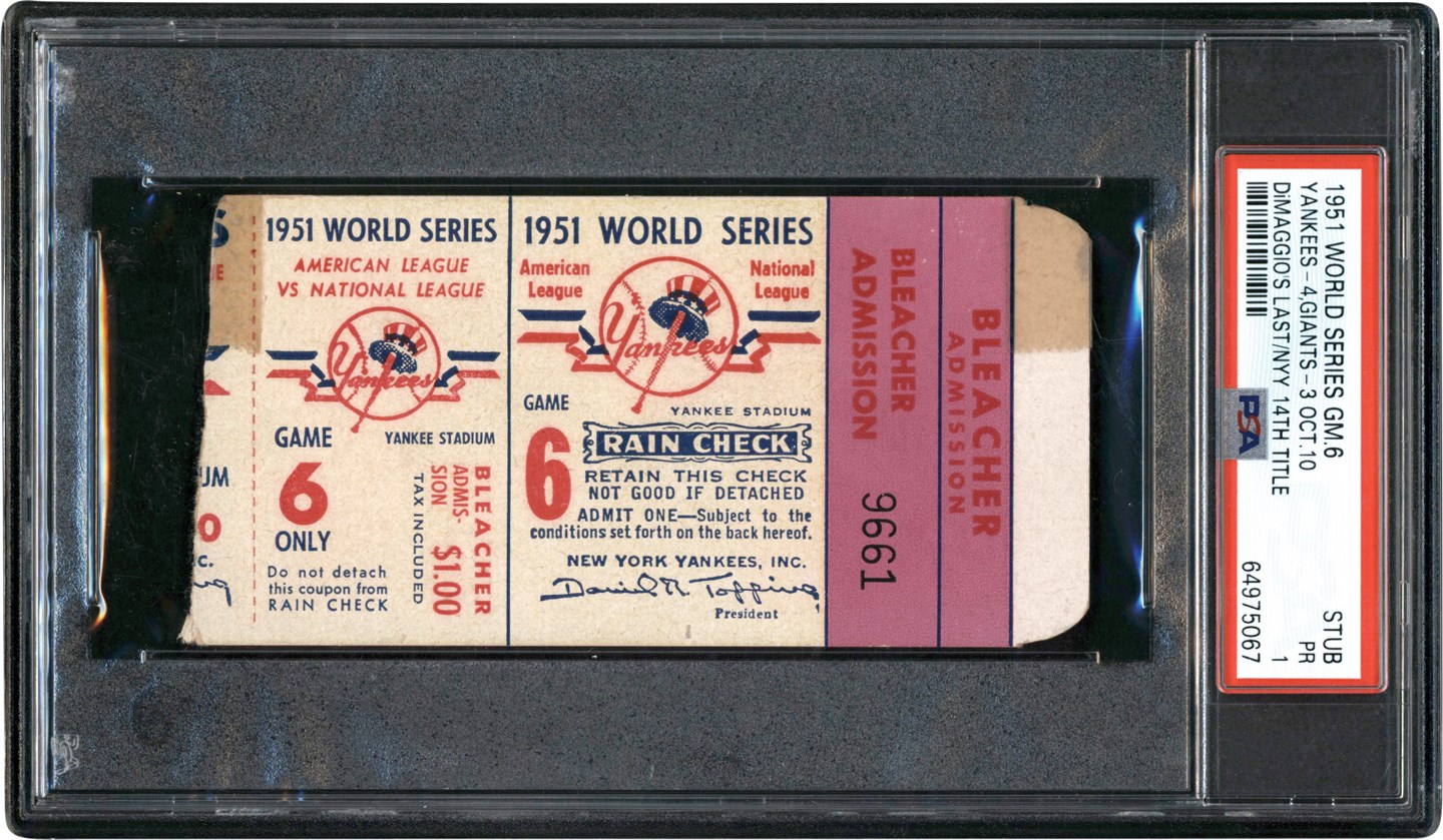 - 1951 World Series Game 6 Ticket Stub - Joe DiMaggio's Last Game & Mickey Mantle's 1st Title (PSA)