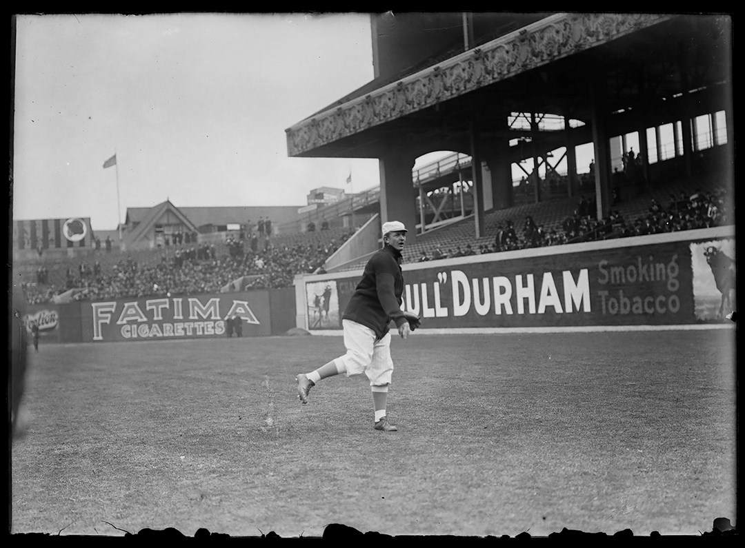 - Christy Mathewson Warms Up in Front of the Bull Durham Sign Original Glass Plate Negative