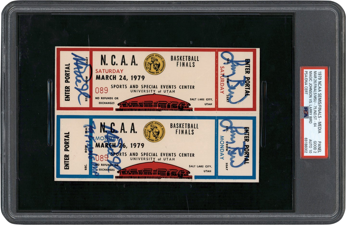 - Only Known 1979 NCAA Finals & Semi-Finals Larry Bird & Magic Johnson Signed Panel - Signed TWICE by Each PSA GD 2 Auto 10