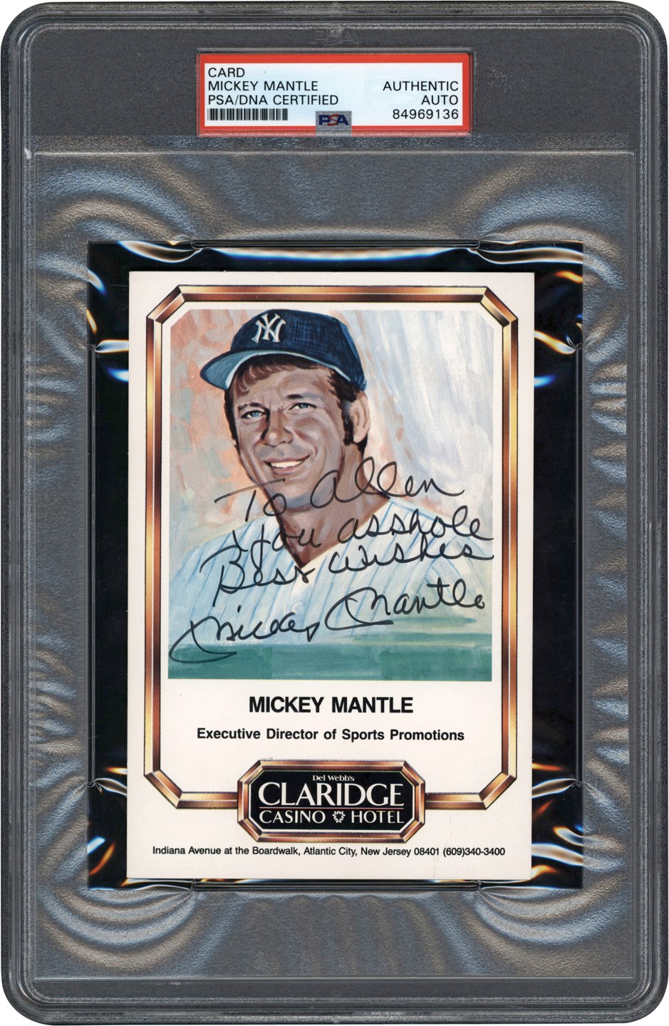 - To Allen You A**Hole Best Wishes Mickey Mantle Signed Postcard (PSA)