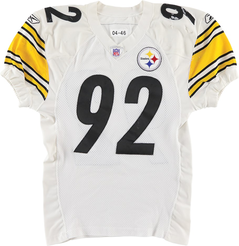 Football - 004 James Harrison First Career Sack and Touchdown Pittsburgh Steelers Game Worn Jersey (Davious Photo-Matched to Two Games & Steelers COA)