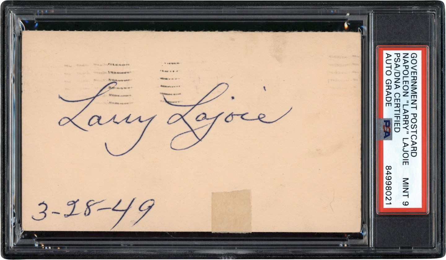 The Long Beach Autograph Collection - 1949 Larry Lajoie Signed Government Postcard (PSA MINT 9)