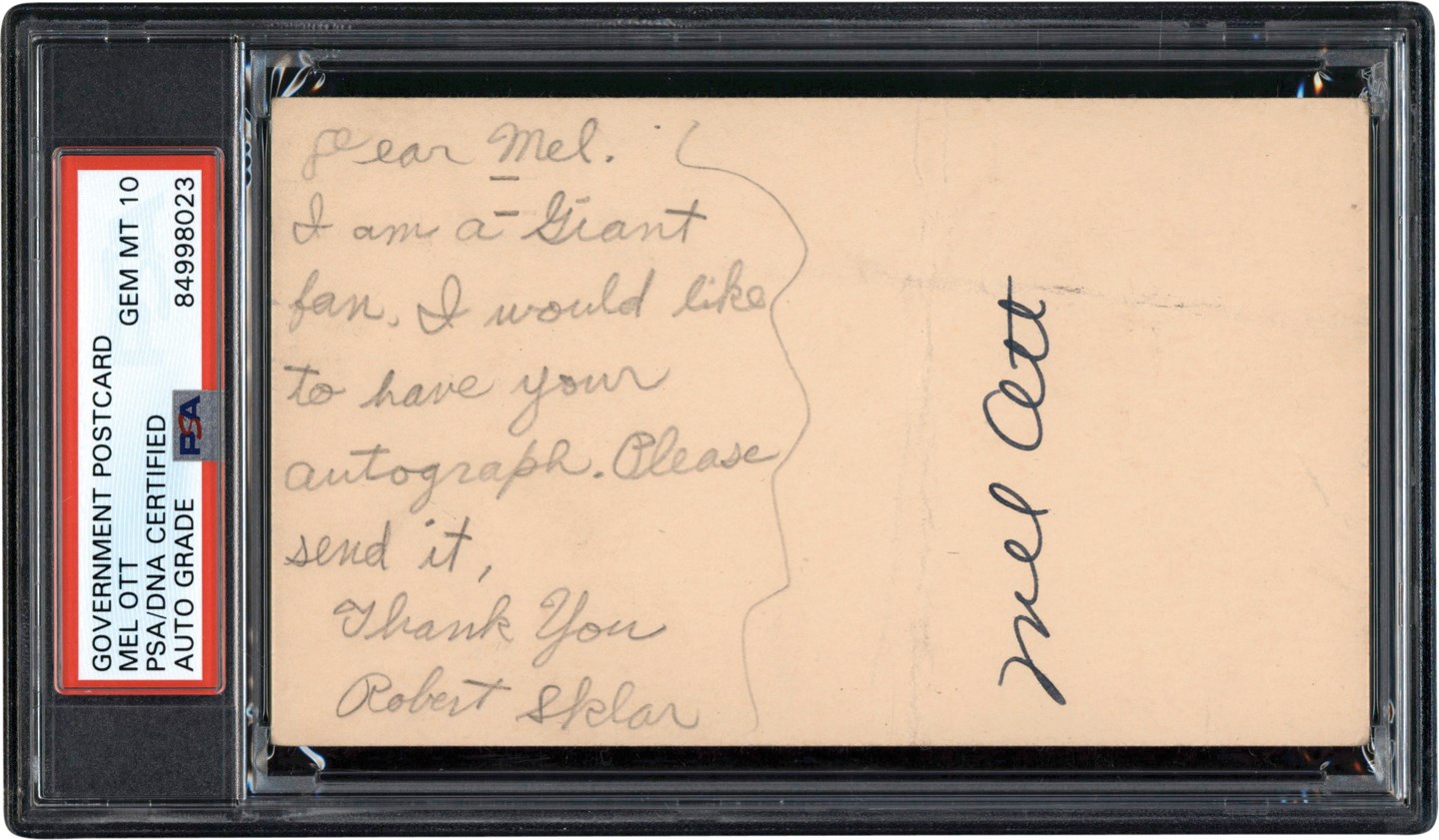 The Long Beach Autograph Collection - 1948 Mel Ott Signed Government Postcard (PSA GEM MINT 10)