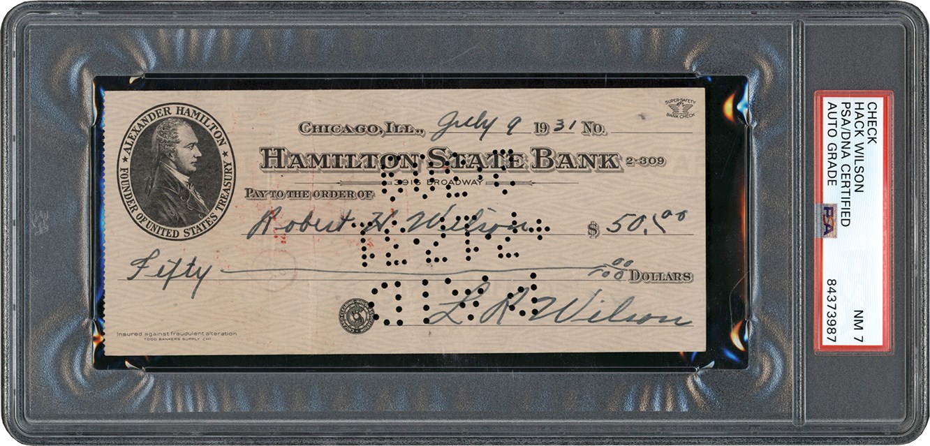 Baseball Autographs - 931 Hack Wilson Signed Check PSA NM 7