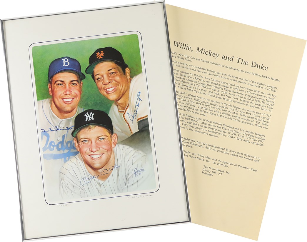 Baseball Autographs - Willie, Mickey & The Duke Signed Lithograph by Rudy Garcia