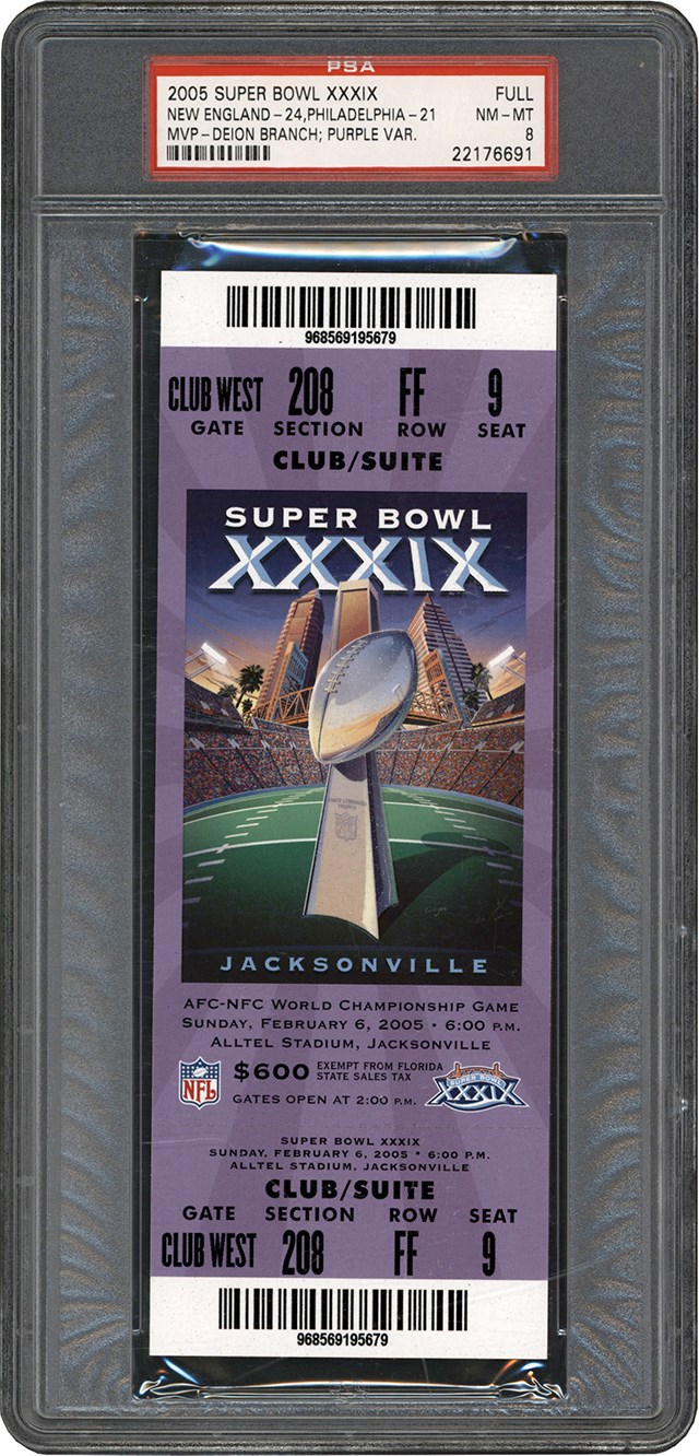 - 2005 Super Bowl XXXIX Full Ticket Rare Purple Variation PSA NM-MT 8