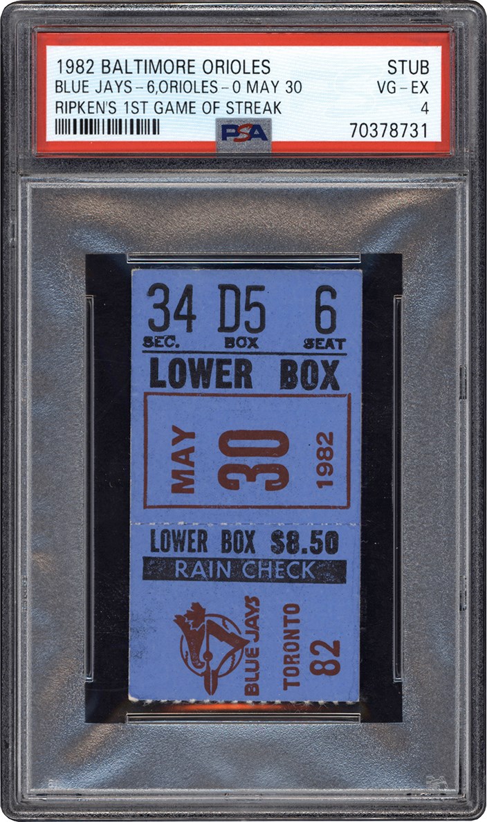 982 Cal Ripken Jr. First Game of Record Setting Streak Ticket Stub PSA VG-EX 4 (Pop 1 - Two Higher!)