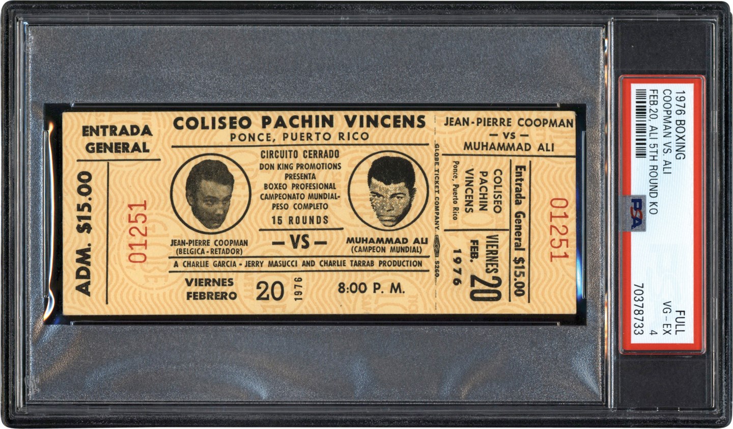 - 1976 Muhammad Ali vs. Jean-Pierre Coopman Full Unused Ticket PSA VG-EX 4 (Only 1 Graded Higher)