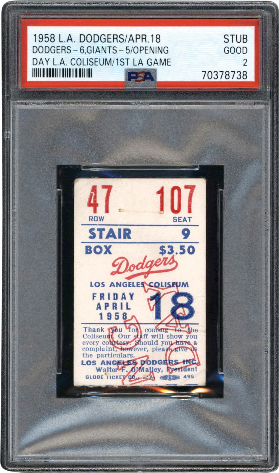 - 1958 Los Angeles Dodgers First Game in Los Angeles Ticket Stub PSA GD 2