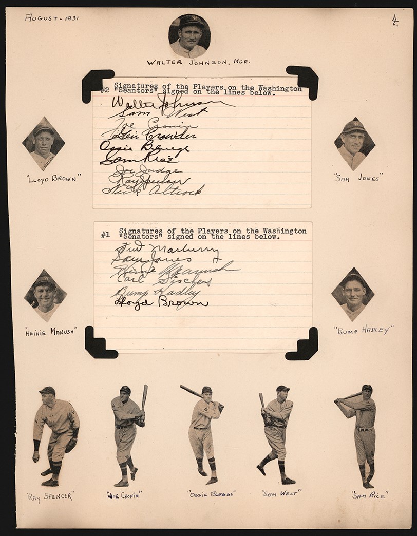 Baseball Autographs - 1931 Washington Senators Team-Signed Index Card Sheet w/Walter Johnson (PSA)