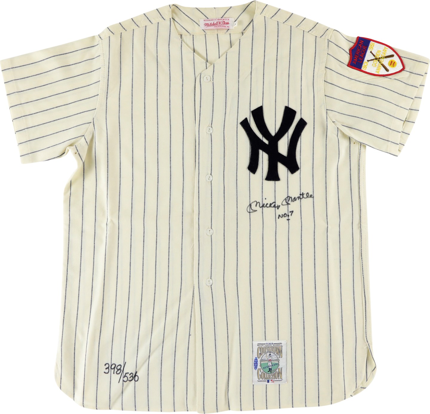 Baseball Autographs - Mickey Mantle "No. 7" Signed Inscribed Yankees Jersey #398/536 (UDA & PSA)