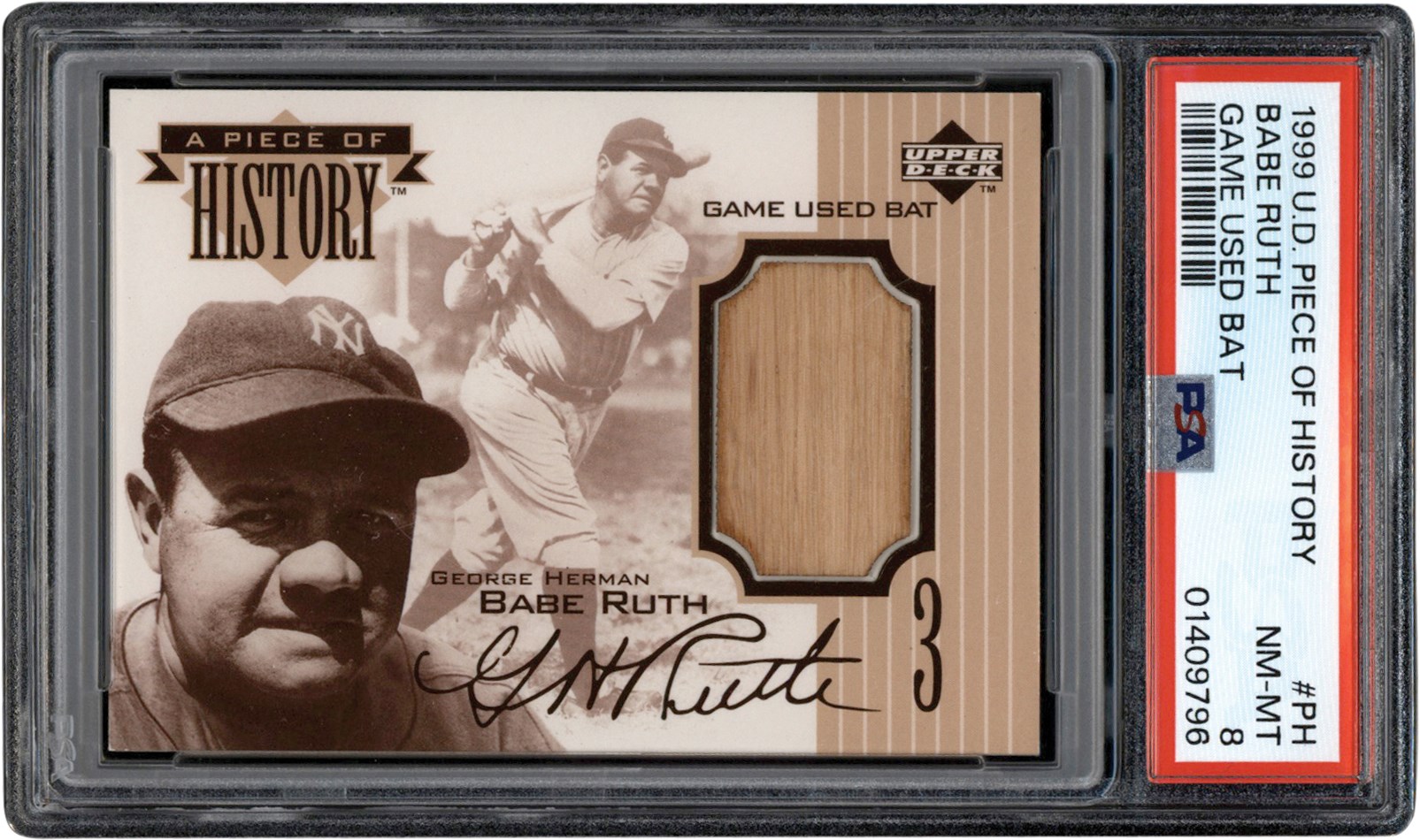 - 1999 Upper Deck Piece of History #PH Babe Ruth Game Used Bat PSA NM-MT 8