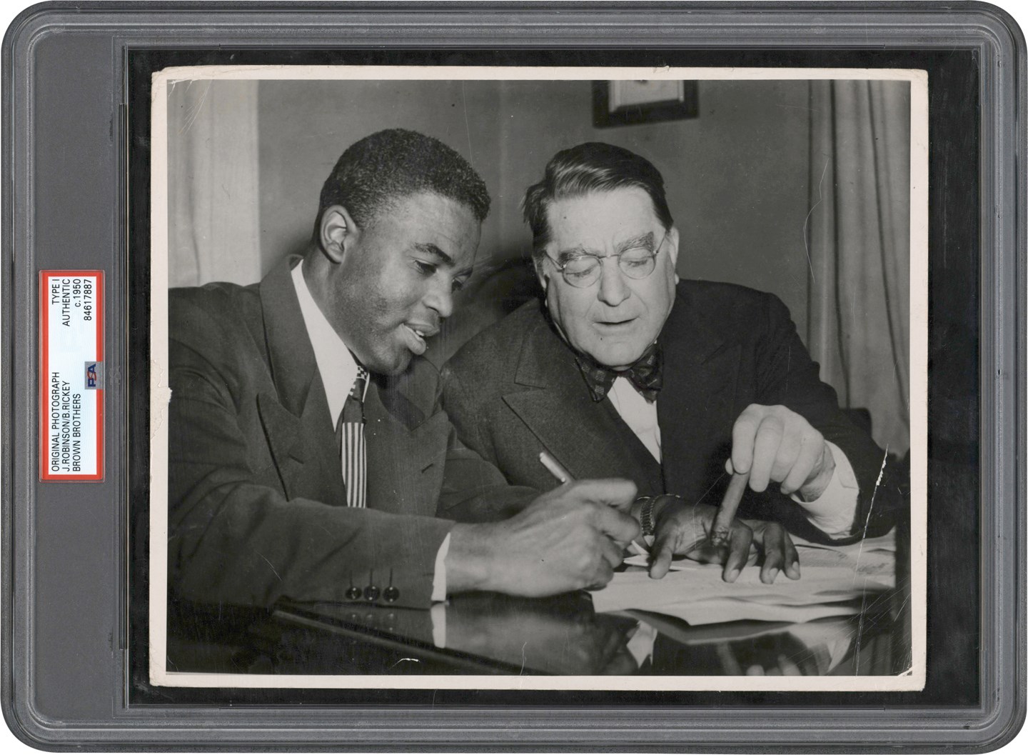 Vintage Sports Photographs - Circa 1950 Jackie Robinson & Branch Rickey Photograph - Jackie Signs His Contract (PSA Type I)