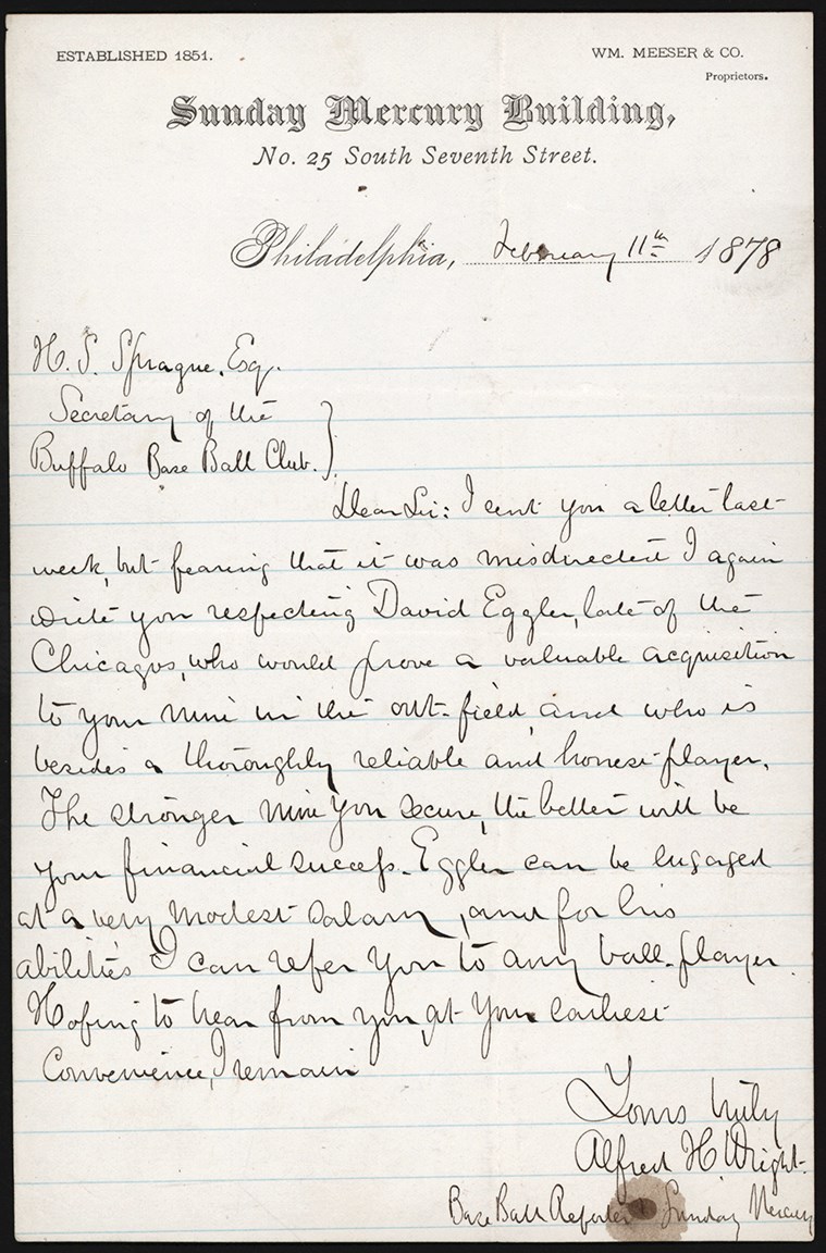 Baseball Autographs - 1878 Alfred H. Wright Handwritten Letter to The Buffalo BBC Recommending Dave Eggler