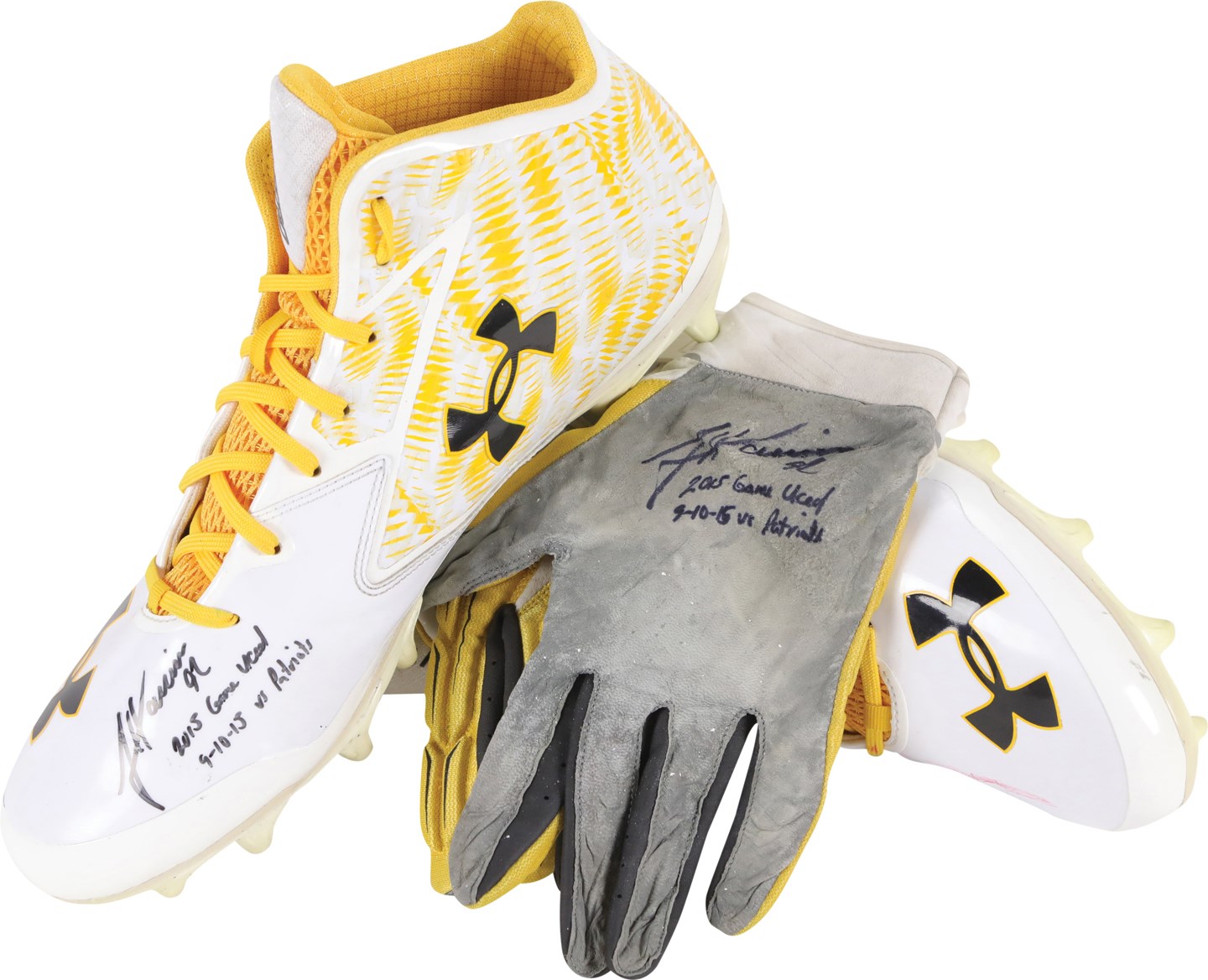 Football - 9/10/15 James Harrison Season Opener Pittsburgh Steelers Signed Game Worn Gloves and Cleats (Harrison Sourced & Beckett)