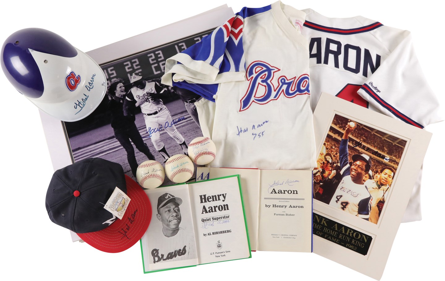 Baseball Autographs - Enormous Hank Aaron Autograph Collection Including Jerseys, Helmet, Balls, Contract, and Photos (16) (w/PSA)