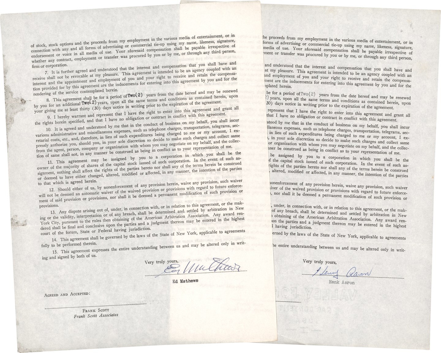 Baseball Autographs - 1960s Hank Aaron & Eddie Mathews Signed Personal Management Contracts (PSA)